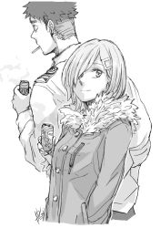 Rule 34 | 1boy, 1girl, admiral (kancolle), breast pocket, breasts, buttons, can, cigarette, closed mouth, coat, collared shirt, cropped torso, epaulettes, fingernails, fur-trimmed coat, fur-trimmed sleeves, fur trim, greyscale, hair ornament, hair over one eye, hairclip, hamakaze (kancolle), hand in pocket, holding, holding can, kantai collection, long sleeves, looking at viewer, military, military uniform, monochrome, naval uniform, pocket, shirt, short hair, signature, simple background, smile, uniform, white background, yamada rei (rou)