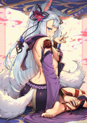 Rule 34 | 1girl, animal ears, ass, bandaged arm, bandages, bare back, barefoot, blue eyes, breasts, butt crack, detached sleeves, dimples of venus, erune, flying sweatdrops, fox shadow puppet, from side, granblue fantasy, hair ornament, haoni, long hair, medium breasts, no panties, one side up, open mouth, profile, shoulder blades, silver hair, sitting, societte (granblue fantasy), solo, tail, very long hair, wariza