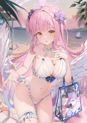 Rule 34 | 1girl, absurdres, bag, beach, between breasts, bikini, blue archive, breasts, cleavage, collarbone, earrings, frilled bikini, frills, front-tie bikini top, front-tie top, hair bun, hair ornament, halo, highres, hokori sakuni, jewelry, large breasts, long hair, looking at viewer, mika (blue archive), navel, outdoors, pink hair, single side bun, solo, starfish, swimsuit, thigh gap, white wings, wings, yellow eyes