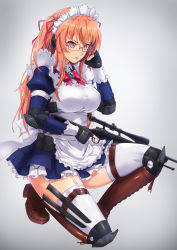 Rule 34 | 1girl, absurdres, apron, bipod, black gloves, blue dress, bolt action, boots, breasts, brown eyes, brown footwear, cross-laced footwear, dress, elbow pads, fingerless gloves, frilled apron, frills, glasses, gloves, gun, hair ribbon, hand up, headset, highres, holding, holding gun, holding weapon, holster, juliet sleeves, knee boots, knee pads, kneeling, knife, knife belt, lace-up boots, large breasts, leupold optics, long hair, long sleeves, maid, maid headdress, on one knee, open mouth, orange hair, original, pink ribbon, puffy sleeves, red-framed eyewear, remington model 700, ribbon, rifle, short dress, sniper rifle, solo, thigh holster, thighhighs, toriatto gununu, trigger discipline, tsurime, two side up, weapon, white thighhighs