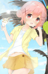 Rule 34 | 10s, 1girl, blue sky, blush, cloud, collarbone, comic girls, commentary request, day, double bun, hair between eyes, hair bun, hair ornament, highres, holding, holding spoon, jacket, looking at viewer, midriff peek, moeta kaoruko, navel, open clothes, open jacket, open mouth, orange skirt, outdoors, palm tree, parfait, pink hair, pleated skirt, red eyes, round teeth, shiraki shiori, shirt, short sleeves, side bun, skirt, sky, solo, spoon, teeth, tree, upper teeth only, white shirt, x hair ornament