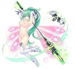 Rule 34 | arms up, breasts, green hair, green heart (neptunia), large breasts, neptune (series), nipples, nude, polearm, ponytail, purple eyes, pussy, spear, thighhighs, third-party edit, tsunako, uncensored, vert (neptunia), weapon