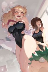 Rule 34 | 1boy, 2girls, absurdres, black one-piece swimsuit, blunt bangs, blush, boku no hero academia, breasts, cleavage, commentary, dutch angle, fangs, green hair, hair bun, hand on own chest, highres, koyap, large breasts, long hair, looking at viewer, looking to the side, lower teeth only, medium breasts, midoriya izuku, multiple girls, necktie, one-piece swimsuit, shirt, smile, sweat, swimsuit, swimsuit under clothes, symbol-only commentary, teeth, thick thighs, thighs, toga himiko, upper teeth only, uraraka ochako, very long hair, white shirt, yellow eyes