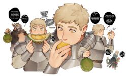 Rule 34 | 1girl, 3boys, 700hash, animal, animalization, armor, artist name, beard, blonde hair, bracer, cat, chilchuck tims, commentary, dungeon meshi, durian, dwarf, eating, english commentary, english text, facial hair, fake horns, food, fruit, full beard, hand up, helmet, highres, holding, holding food, holding fruit, horned helmet, horns, izutsumi, laios touden, long beard, long sleeves, looking at food, marcille donato, multiple boys, pauldrons, senshi (dungeon meshi), short hair, shoulder armor, speech bubble, very short hair, watermark, yellow eyes