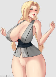 Rule 34 | 1girl, blonde hair, blush, bottomless, breasts, brown eyes, cleavage, curvy, highres, hioyami, huge breasts, large breasts, long hair, looking at viewer, naruto, naruto (series), naruto shippuuden, open mouth, pussy, smile, solo, standing, thick thighs, thighs, tongue, tongue out, tsunade (naruto)