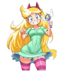 Rule 34 | animal ears, blonde hair, blue eyes, breasts, clenched hands, covered navel, cowboy shot, curly hair, dress, fake animal ears, green dress, grin, hairband, hands up, heart cheeks, highres, holding, long hair, looking at viewer, magical girl, medium breasts, minuspal, pink legwear, purple legwear, short sleeves, simple background, smile, standing, star butterfly, star vs the forces of evil, striped legwear, thighhighs, tight clothes, v-shaped eyebrows, wand, white background, wide hips, zettai ryouiki