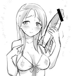 Rule 34 | 1girl, bare shoulders, bikini, bikini top only, blush, breasts, censored, dildo, embarrassed, covered erect nipples, greyscale, long hair, medium breasts, minna-dietlinde wilcke, monochrome, monochrome, mozu (peth), nipples, pointless censoring, rocket, smile, solo, strike witches, swimsuit, world witches series