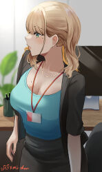 Rule 34 | 1girl, artist name, blonde hair, blurry, blurry background, breasts, cleavage, colored inner hair, cup, earrings, highres, indoors, jacket, jewelry, lanyard, large breasts, light brown hair, michan127neko, mole, mole on breast, mole under eye, monitor, mug, multicolored hair, necklace, office lady, original, pencil skirt, skirt, suit jacket
