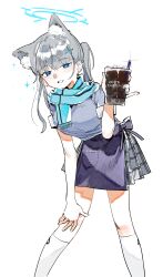 Rule 34 | 1girl, absurdres, animal ear fluff, animal ears, apron, blue archive, blue eyes, blue scarf, blue shirt, blush, breasts, cross hair ornament, cup, disposable cup, drinking straw, ear piercing, grey hair, hair ornament, halo, highres, holding, holding cup, iced coffee, kneehighs, large breasts, long hair, looking at viewer, medium breasts, parted lips, piercing, plaid, plaid skirt, ponytail, scarf, shiroko (blue archive), shirt, simple background, skirt, socks, solo, sparkle, waist apron, white background, white socks, zippo (2387576974)