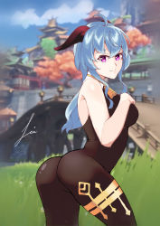 Rule 34 | 1girl, absurdres, ahoge, ass, bare shoulders, blue hair, blush, bodysuit, breasts, cowbell, flower, flower necklace, from behind, ganyu (genshin impact), genshin impact, highres, horns, jewelry, lei, long hair, looking at viewer, looking back, medium breasts, necklace, purple eyes, shiny clothes, shiny skin, sideboob, smile, solo