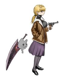 Rule 34 | 1girl, :3, black pantyhose, black sweater, blonde hair, bomber jacket, breasts, brown coat, coat, fear &amp; hunger, fear &amp; hunger 2: termina, finger on trigger, floating, full body, gun, hand in pocket, handgun, holding, holding gun, holding weapon, jacket, karin (fear &amp; hunger), large breasts, luger p08, nnsee d, pantyhose, ponytail, purple skirt, shoes, simple background, skirt, sweat, sweater, sword, weapon, whiskers, white background