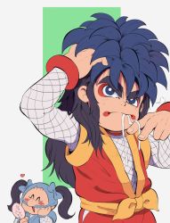 Rule 34 | 2boys, alternate hairstyle, black hair, blue eyes, blue hair, blush stickers, bodysuit, ebisumaru, closed eyes, ezume (rosehip), facepaint, fishnet armwear, fishnet bodysuit, fishnets, ganbare goemon, goemon, hair ribbon, hand on own cheek, hand on own face, highres, large hands, long hair, looking at mirror, looking up, makeup, mask, mirror, mouth hold, multiple boys, ninja, open mouth, ribbon, sash, spiked hair, thick eyebrows, twintails
