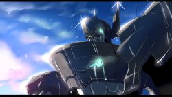 Rule 34 | 10s, abyssal ship, aqua eyes, cloud, cloudy sky, commentary request, crying, crying with eyes open, glowing, glowing eyes, heavens thunder (byakuya-part2), highres, i-class destroyer, kantai collection, letterboxed, mecha, mechanization, no humans, robot, sky, solo, sparkle, tears, teeth