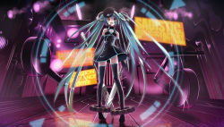Rule 34 | 1girl, absurdly long hair, album cover, anklet, anniversary, aqua hair, artist name, artist request, bare shoulders, birthday, black dress, black gloves, black hat, black skirt, black sleeves, black thighhighs, blue hair, boots, bracelet, breasts, cd, copyright name, cover, cuffs, detached sleeves, dress, elbow gloves, facial mark, facial tattoo, female focus, fork, full body, gear print, gears, gloves, hair ornament, handcuffs, happy birthday, hat, hatsune miku, headphones, headset, highres, indoors, jewelry, knife, long hair, miniskirt, open mouth, oversized object, parted lips, peaked cap, plaid, plaid dress, plaid skirt, pleated, pleated dress, pleated skirt, project diva, project diva (series), project diva f, red eyes, sadistic music factory (vocaloid), skirt, sleeveless, sleeveless dress, small breasts, solo, stage, stage lights, standing, tattoo, thigh boots, thighhighs, turtleneck, turtleneck dress, twintails, very long hair, vocaloid, wrist cuffs, yonasawa
