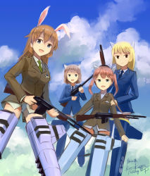 Rule 34 | 4girls, animal ears, blonde hair, brown hair, browning automatic rifle, browning m1919, cat ears, cat girl, cecilia e harris, charlotte e. yeager, cloud, dated, day, francie gerard, gun, happy, horse girl, kanokoga, long hair, machine gun, marian e. carl, medium machine gun, military, military uniform, multiple girls, necktie, noble witches, open mouth, orange hair, rabbit ears, rabbit girl, red hair, short hair, sky, smile, strike witches, strike witches: katayoku no majo-tachi, striker unit, submachine gun, thompson submachine gun, twintails, uniform, weapon, world witches series