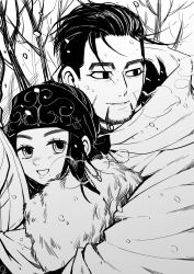 Rule 34 | 1boy, 1girl, :d, absurdres, ainu, ainu clothes, asirpa, bandana, black eyes, black hair, blush, breath, buttons, cape, collared jacket, da ning (llemonyyyy), ear piercing, earrings, facial hair, facial scar, from side, fur cape, golden kamuy, greyscale, hair slicked back, hair strand, highres, hood, hood down, hooded cape, hoop earrings, hug, hug from behind, imperial japanese army, jacket, jewelry, long hair, long sleeves, looking at viewer, looking away, military, military uniform, monochrome, nose blush, ogata hyakunosuke, open mouth, outdoors, parted lips, piercing, scar, scar on cheek, scar on face, short hair, simple background, smile, snowflakes, stubble, tree, undercut, uniform, upper body, white background, white cape