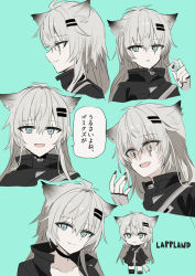 Rule 34 | 1girl, :d, animal ear fluff, animal ears, arknights, bad id, bad pixiv id, black jacket, black nails, black shorts, blue background, blue eyes, character name, chibi, chihuri, closed mouth, cropped torso, fang, fingerless gloves, gloves, grey gloves, grey hair, hair between eyes, highres, jacket, lappland (arknights), long hair, multiple views, nail polish, open mouth, parted lips, profile, red pupils, scar, scar across eye, scar on face, short shorts, shorts, simple background, smile, standing, translation request, upper body