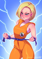 Rule 34 | 1girl, android 18, blonde hair, blue eyes, blush, breasts, cleavage, closed mouth, cosplay, dragon ball, dragonball z, earrings, jewelry, kajin (kajinman), looking at viewer, short hair, solo