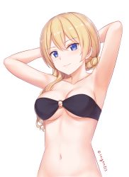 Rule 34 | 10s, 1girl, armpits, arms up, bikini, black bikini, blonde hair, blue eyes, braid, breasts, cai geng, closed mouth, cowboy shot, darjeeling (girls und panzer), girls und panzer, hair between eyes, hair over shoulder, highres, long hair, looking at viewer, medium breasts, navel, o-ring, o-ring bikini, o-ring top, simple background, smile, solo, swimsuit, twitter username, white background