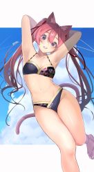 Rule 34 | 1girl, animal ears, arms behind head, bikini, black bikini, blue eyes, blue sky, breasts, cat ears, cat tail, cloud, collarbone, commentary request, feet out of frame, highres, long hair, medium breasts, navel, original, parted lips, red hair, sakuhiko, sky, solo, swimsuit, tail, twintails