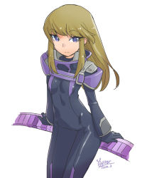 Rule 34 | 1girl, blue eyes, bodysuit, breasts, brown hair, closed mouth, gloves, highres, kugimiya kei, long hair, looking at viewer, majestic prince, oyster (artist), pilot suit, simple background, skin tight, smile, solo, white background