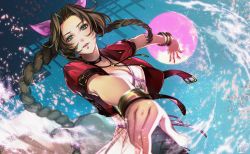 Rule 34 | 1girl, aerith gainsborough, belt, blue background, bracelet, braid, braided ponytail, breasts, brown hair, choker, cleavage, cropped jacket, dress, female focus, fighting stance, final fantasy, final fantasy vii, final fantasy vii remake, flower, flower necklace, green eyes, halu-ca, highres, jacket, jewelry, long hair, magic, necklace, parted bangs, pink dress, red jacket, ribbon, solo, square enix, wavy hair