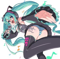 Rule 34 | 1girl, aqua eyes, aqua hair, ass, badluck2033, bare shoulders, breasts, commentary request, detached sleeves, hatsune miku, headphones, holding, holding microphone, long hair, looking at viewer, looking back, microphone, miniskirt, musical note, open mouth, panties, side-tie panties, skirt, small breasts, smile, striped clothes, striped panties, thighhighs, twintails, underwear, very long hair, vocaloid