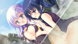 Rule 34 | 2girls, bad id, bad pixiv id, bare shoulders, blue eyes, blue hair, blush, bracelet, grabbing another&#039;s breast, breasts, day, dutch angle, fingernails, front zipper swimsuit, grabbing, grabbing from behind, highres, jewelry, large breasts, long hair, looking at another, meme attire, multiple girls, navel, one-piece swimsuit, onsen, open mouth, outdoors, silver hair, smile, sweatdrop, swimsuit, yuri, yuyumatsu, zipper