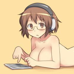 Rule 34 | 1girl, aaaa (quad-a), bad id, bad pixiv id, blush, breast press, breasts, brown eyes, brown hair, glasses, headphones, highres, large breasts, looking at viewer, lying, nude, on stomach, open mouth, original, short hair, simple background, solo, tablet pc