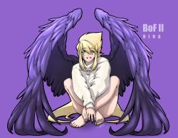 Rule 34 | 1girl, barefoot, blonde hair, breath of fire, breath of fire ii, capcom, feathered wings, feet, full body, green eyes, hi-3, highres, long hair, looking at viewer, nail polish, nina (breath of fire ii), purple wings, signature, simple background, smile, solo, sweater, wings