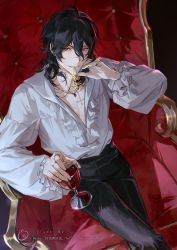Rule 34 | 1boy, arm up, black hair, black pants, commentary, cross, cross necklace, cup, drinking glass, english commentary, ensemble stars!, feet out of frame, frilled shirt, frills, hair between eyes, highres, holding, holding cup, inverted cross, jewelry, looking at viewer, male focus, medium hair, necklace, open clothes, open shirt, pants, puffy sleeves, red eyes, ring, rrr (reason), sakuma rei (ensemble stars!), shirt, smile, solo, throne, twitter username, watermark, wavy hair, weibo watermark, white shirt, wine glass