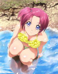 Rule 34 | 1girl, arm support, bare shoulders, barefoot, beach, bikini, blue eyes, blush, breasts, cleavage, feet, frilled bikini, frills, from above, full body, hinomoto hikari, light smile, looking at viewer, looking up, mole, mole under eye, nail polish, outdoors, partially submerged, pink hair, pink nails, purple eyes, purple hair, shopyun, short hair, sitting, smile, soaking feet, solo, squatting, swimsuit, toenail polish, toenails, toes, tokimeki memorial, tokimeki memorial 2, topknot, water, yellow bikini