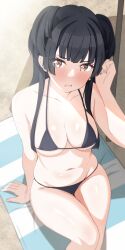 Rule 34 | 1girl, absurdres, arm support, bikini, black bikini, black hair, blush, breasts, cleavage, collarbone, feet out of frame, groin, halterneck, highres, idolmaster, idolmaster shiny colors, looking at viewer, mat, mayuzumi fuyuko, medium breasts, musha no kozi, navel, nose blush, sitting, solo, stomach, swimsuit, two side up