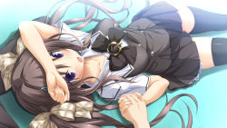 Rule 34 | 1girl, andou misaki, arm over head, black thighhighs, blue eyes, brown hair, chrono clock, gradient background, hair ribbon, holding hands, koku, long hair, lying, on back, open mouth, pleated skirt, ribbon, short sleeves, skirt, solo, solo focus, thighhighs, two side up