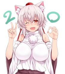 Rule 34 | 1girl, albino, amane hasuhito, animal ears, anniversary, bad id, bad pixiv id, bare shoulders, blush, breasts, detached sleeves, fangs, female focus, hat, hat ribbon, inubashiri momiji, large breasts, long sleeves, looking at viewer, one eye closed, open mouth, red eyes, ribbon, shirt, smile, solo, tokin hat, touhou, upper body, v, white hair, wide sleeves, wolf ears