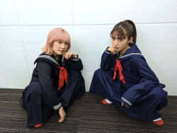 Rule 34 | 2girls, aida rikako, furihata ai, indoors, looking at viewer, multiple girls, photo (medium), sailor collar, short hair, simple background, voice actor