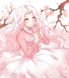 Rule 34 | 1girl, bad id, bad pixiv id, branch, cherry blossoms, dress, hands up, highres, long hair, looking at viewer, original, outdoors, pink dress, pink theme, red eyes, ronpu cooing, skirt, smile, solo, sparkle, standing, white hair, white skirt