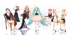 Rule 34 | 2boys, 5girls, ;), ^ ^, belt, black dress, black jacket, black ribbon, black shorts, blue eyes, blue hair, bow, bow (music), bowtie, breasts, brown eyes, brown hair, buttons, cello, chair, clarinet, closed eyes, collared shirt, confetti, curly hair, dress, drill hair, drum, drumsticks, elbow gloves, everyone, flat chest, flower, formal, full body, gloves, hair flower, hair ornament, half-closed eyes, halter dress, halterneck, hand on own hip, hands on own chest, hatsune miku, high heels, highres, holding, holding instrument, holding violin, instrument, jacket, kagamine len, kagamine rin, kaito (vocaloid), kasane teto, kh (kh 1128), light smile, long dress, long hair, looking away, marimba, medium breasts, megurine luka, meiko (vocaloid), miku symphony (vocaloid), multiple boys, multiple girls, neck ribbon, necktie, one eye closed, open mouth, pants, piano, piano bench, pink hair, ponytail, red eyes, red flower, red hair, red rose, reflection, ribbon, ribbon hair, rose, shirt, short dress, short hair, short ponytail, shorts, side slit, simple background, sitting, skirt hold, small breasts, smile, standing, striped, striped background, suspenders, teeth, thighhighs, traditional bowtie, trumpet, twin drills, twintails, upper teeth only, utau, vertical stripes, very long hair, violin, vocaloid, white background, white dress, white footwear, white gloves, white legwear, white pants, white ribbon, wide sleeves, zettai ryouiki