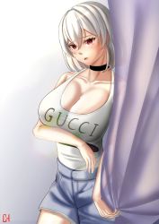 Rule 34 | 1girl, alternate costume, artist name, azur lane, black choker, blue shorts, blush, breasts, casual, choister, choker, cleavage, collarbone, feet out of frame, gucci, highres, large breasts, looking at viewer, open mouth, red eyes, shirt, short hair, shorts, simple background, sirius (azur lane), solo, standing, white hair, white shirt