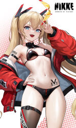 Rule 34 | 1girl, absurdres, arm strap, arm up, armpits, bare shoulders, bikini, black bikini, blonde hair, blue eyes, blush, breasts, clothes writing, copyright name, dramz, unworn eyewear, fang, gluteal fold, goddess of victory: nikke, hand on own hip, highres, holding, holding removed eyewear, jacket, laplace (nikke), long hair, looking at viewer, midriff, navel, off shoulder, open mouth, red jacket, shoulder tattoo, sidelocks, single thighhigh, skin fang, small breasts, solo, stomach tattoo, swimsuit, tattoo, thighhighs, twintails, zipper
