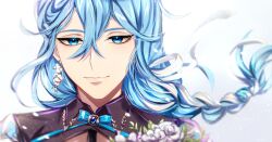 Rule 34 | 1boy, blue eyes, blue hair, braid, close-up, closed mouth, earrings, edmond (nu carnival), flower, half-closed eyes, highres, jewelry, long hair, male focus, nu carnival, smile, upper body, white background, yadome810