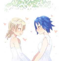 Rule 34 | 2girls, :d, bad id, bad pixiv id, bare shoulders, blue hair, blush, brown eyes, brown hair, closed mouth, crossover, detached sleeves, dress, emily (stardew valley), eye contact, flower, flower wreath, from side, head wreath, heart, idolmaster, idolmaster cinderella girls, long hair, long sleeves, looking at another, morikubo nono, multiple girls, nose blush, open mouth, profile, red eyes, ringlets, smile, stardew valley, strapless, strapless dress, uccow, white background, white dress, white flower, white sleeves, yuri