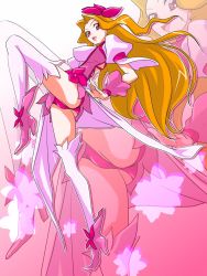 Rule 34 | 10s, 1girl, :d, agahat, blonde hair, boots, character request, commentary request, cure flower, dress, eyelashes, gradient background, hair ornament, happy, heartcatch precure!, high heel boots, high heels, highres, long hair, looking at viewer, magical girl, open mouth, panties, pink background, pink dress, pink eyes, pink theme, precure, puffy sleeves, smile, solo, thighhighs, thighs, underwear, white background, wrist cuffs