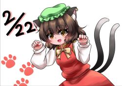 Rule 34 | 1girl, :d, animal ear fluff, animal ear piercing, animal ears, blush, bow, bowtie, breasts, cat ears, cat tail, chen, commentary request, dated, earrings, eyes visible through hair, fang, fingernails, frills, fuuren udon, gold trim, green hat, hands up, hat, jewelry, long sleeves, looking at viewer, mob cap, multiple tails, nail polish, nekomata, open mouth, paw pose, paw print, paw print background, puffy long sleeves, puffy sleeves, red nails, red skirt, red vest, sharp fingernails, simple background, single earring, skirt, skirt set, small breasts, smile, solo, tail, touhou, two tails, vest, white background, white bow, white bowtie
