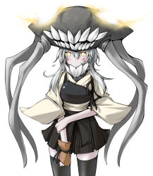 Rule 34 | 10s, 1girl, abyssal ship, black skirt, black thighhighs, blush, fingerless gloves, gloves, glowing, glowing eyes, hat, kaminagi (kaminagi-tei), kantai collection, long hair, monster girl, muneate, nontraditional miko, pale skin, personification, pleated skirt, silver hair, simple background, single glove, skirt, solo, tentacles, thighhighs, white background, wo-class aircraft carrier, yellow eyes