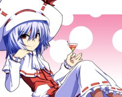 Rule 34 | &gt;:), 1girl, ascot, blue hair, capelet, curiosities of lotus asia, drink, female focus, hat, leon (mikiri hassha), martini, no wings, red eyes, remilia scarlet, short hair, skirt, smile, solo, touhou, v-shaped eyebrows