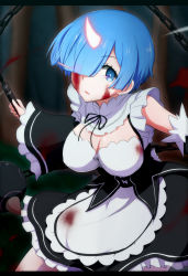 Rule 34 | 10s, 1girl, apron, ball and chain (weapon), blood, blue eyes, blue hair, breasts, cleavage, commentary request, detached sleeves, flail, hair over one eye, horns, large breasts, looking at viewer, maid, matching hair/eyes, negija, oni, re:zero kara hajimeru isekai seikatsu, rem (re:zero), short hair, single horn, solo, spike ball, underbust, waist apron, weapon