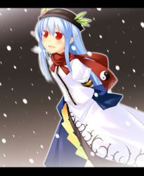 Rule 34 | 1girl, blue hair, female focus, hat, hinanawi tenshi, leaf, letterboxed, nu (plastic eraser), outdoors, red eyes, scarf, snow, solo, touhou