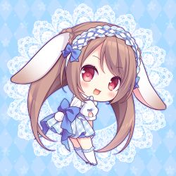 Rule 34 | 1girl, animal ears, argyle, argyle clothes, argyle legwear, blue background, blue bow, blue footwear, blush, bow, braid, brown hair, chibi, commentary request, copyright request, frilled socks, frills, from side, full body, kneehighs, leaning forward, long hair, looking at viewer, looking to the side, plaid, plaid skirt, pleated skirt, puffy short sleeves, puffy sleeves, rabbit ears, red eyes, ryuuka sane, shirt, shoes, short sleeves, skirt, socks, solo, standing, twintails, unmoving pattern, very long hair, white shirt, white socks