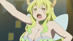 Rule 34 | 1girl, animated, animated gif, bare shoulders, blonde hair, blue eyes, blush, bouncing breasts, breasts, cleavage, collar, collarbone, dragon girl, dragon horns, fairy wings, fake wings, female focus, green eyes, hand on own hip, heterochromia, holding, holding staff, horns, huge breasts, indoors, kobayashi-san chi no maidragon, long hair, lucoa (maidragon), multicolored hair, no nose, open mouth, shiny skin, sidelocks, solo, staff, standing, strapless, talking, teeth, upper body, wings